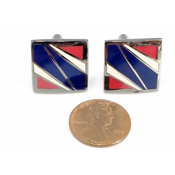 Vintage Designer Cuff Links, Joseph Abboud, Red White Blue Enamel, 1990s, 3/4 In - Picture 4 of 10